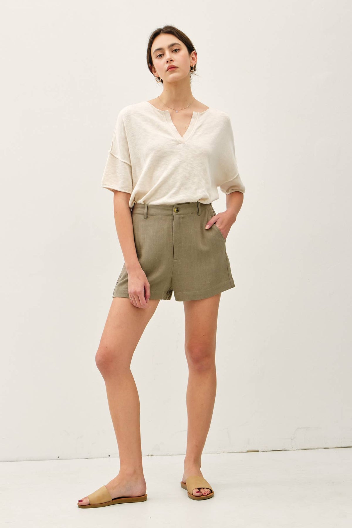 The Ava Linen Shorts – High Rise Button Front Summer Shorts with Pockets