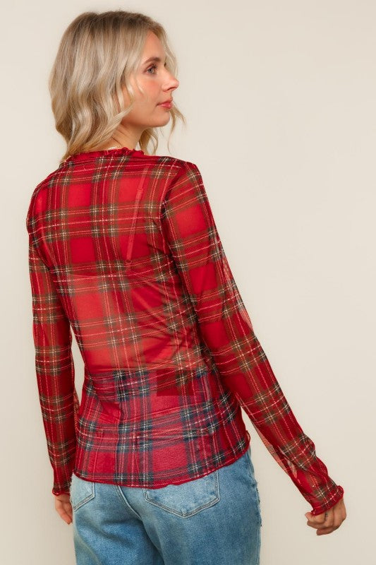 Festive Flannel Vibes Mesh Top – Red Plaid Sheer Long Sleeve Holiday Layer