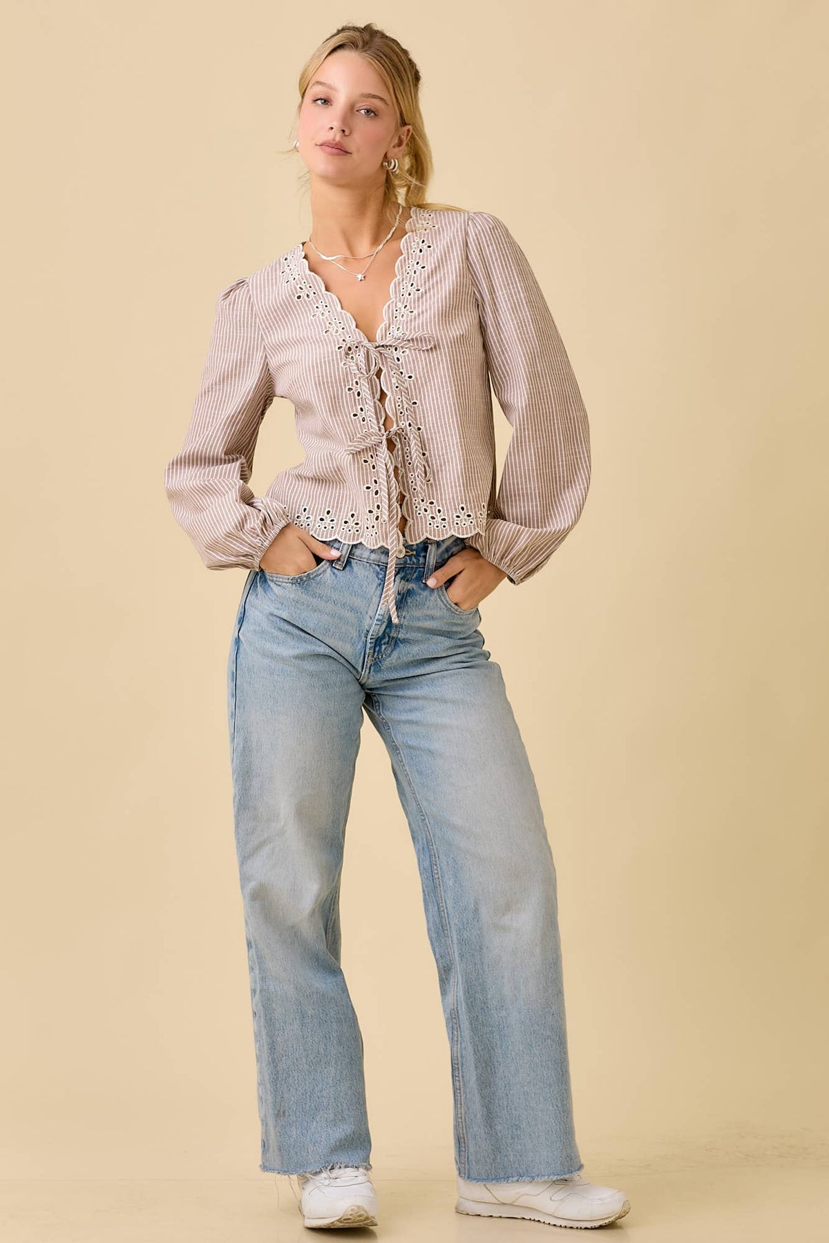 The Laurel Embroidered Tie Top: Taupe