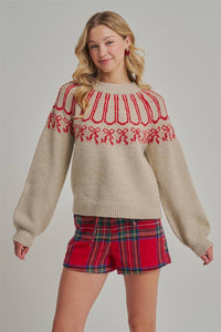 Tied with a Bow Holiday Sweater: Taupe/ Red
