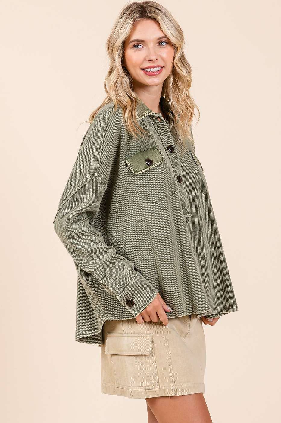 The Rowan Mineral Wash Waffle Knit Top – Olive Green Henley Pullover