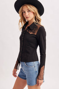 Dakota Rose Western Embroidered Mesh Button Front Top: Black