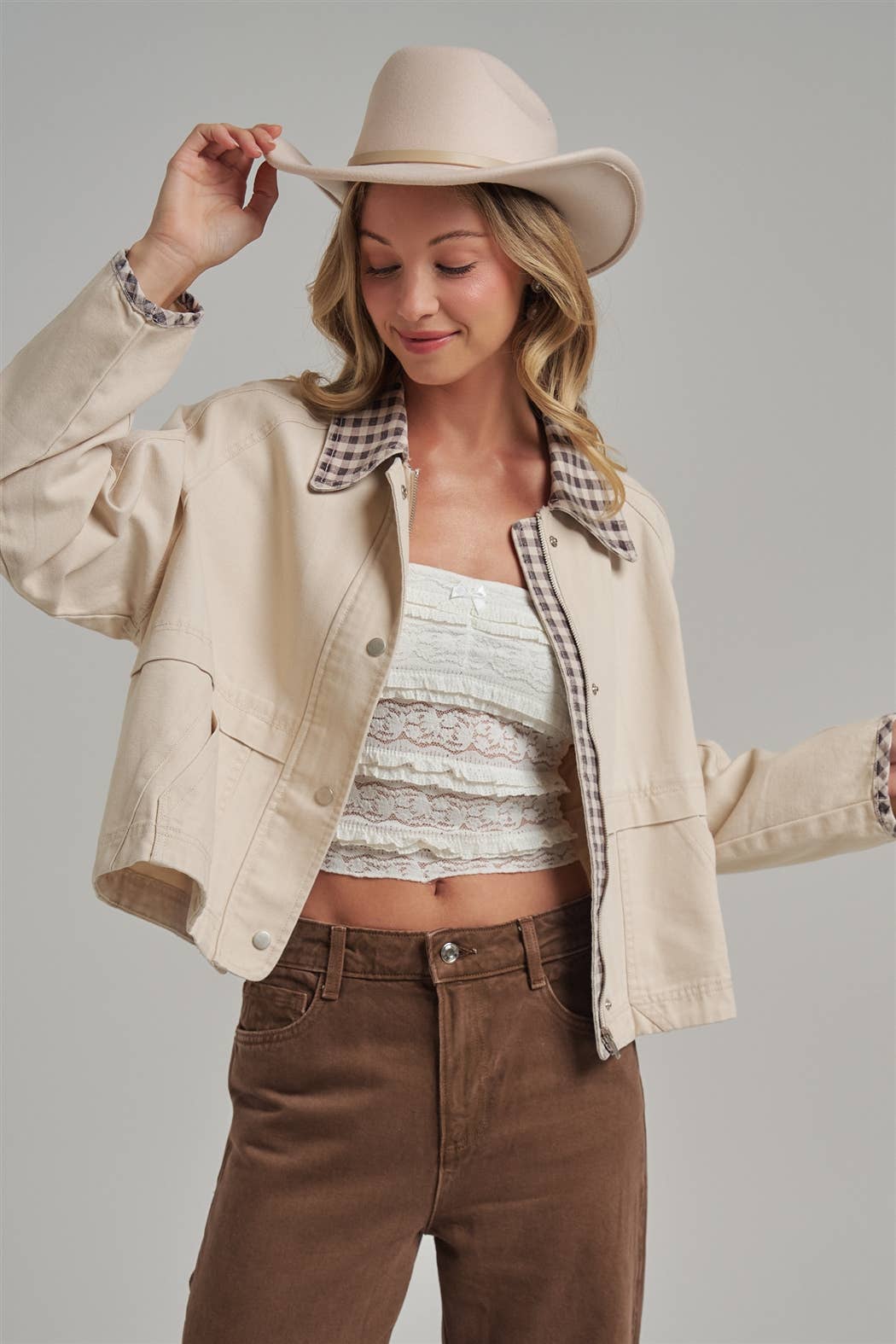 Checked Out Canvas Jacket: Oatmeal/ Brown