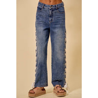 The Lacey Mid Rise Lace-Up Straight Leg Jeans: Medium Wash