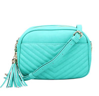 Veronica V-Stitch Tassel Crossbody Bag – Coffee & Stone | Faux Leather Small Purse with Double Zipper Top, Adjustable Strap, Gold Hardware