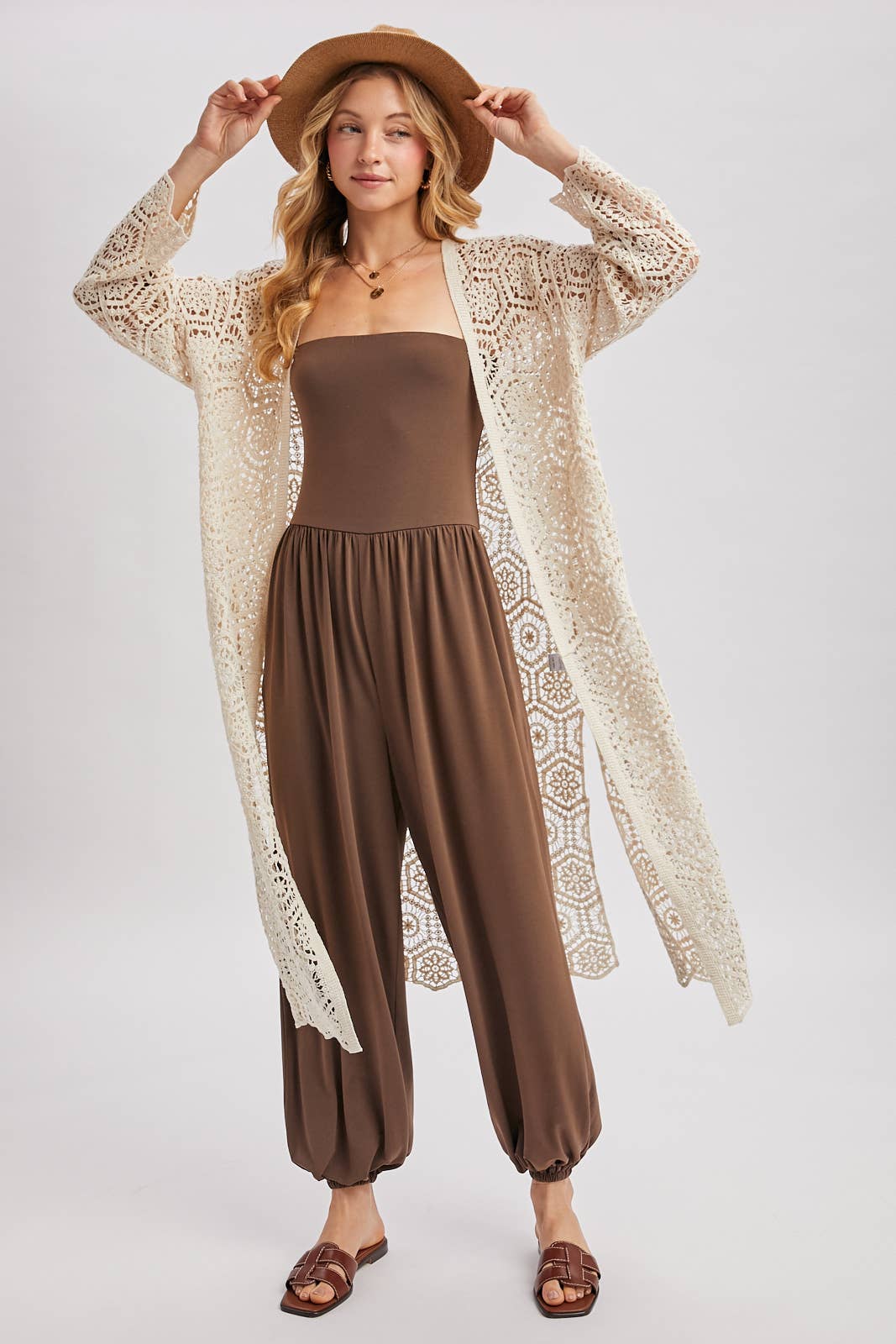 BOHO LONG LINE SIDE SLIT CROCHET CARDIGAN: NATURAL