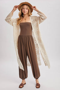 BOHO LONG LINE SIDE SLIT CROCHET CARDIGAN: NATURAL