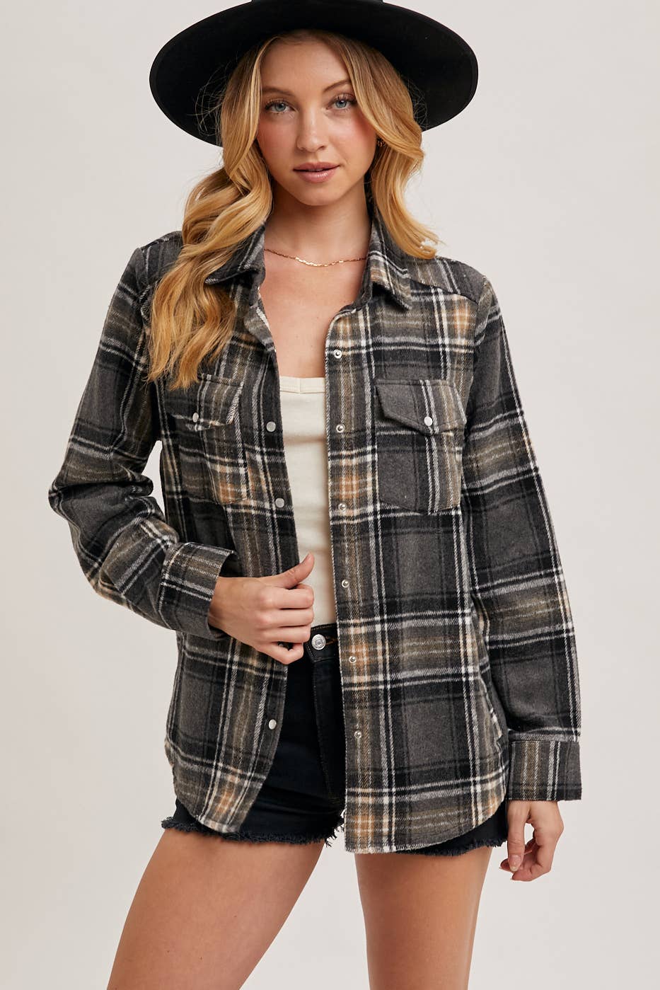 Oakley Brushed Plaid Flannel Button Down – Charcoal Cream Western Shacket