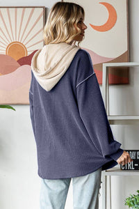 Elena Ribbed Button Front Hoodie – Colorblock Knit Pullover with Bishop Sleeves
