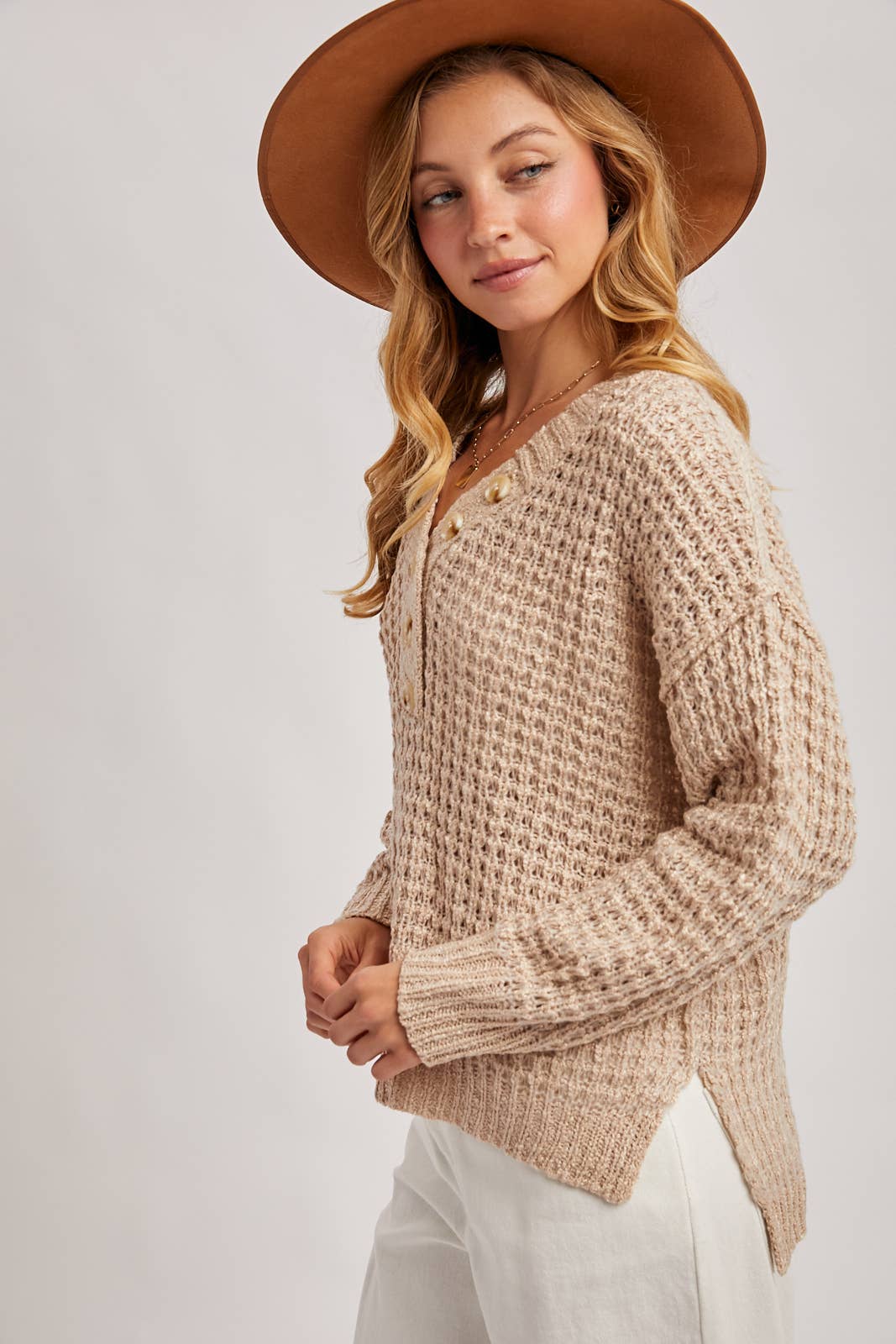 owan Button-Front Thermal Sweater Top – Cozy Knit Henley, Neutral Fall Sweater | Northern Belle Boutique