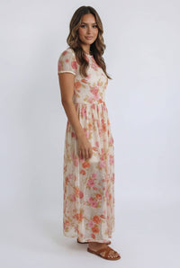 The Eliza Bloom Mesh Midi Dress: Oatmeal/Multi
