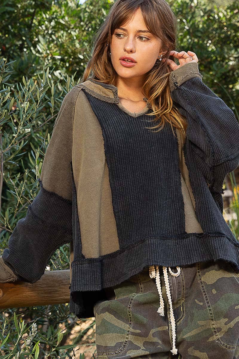 Notched Neck Contrast Fabric Basic Long Sleeve Top SALE: GREY MULTI / L