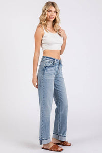 Sawyer Low Rise Baggy Straight Jeans – Light Wash Cuffed Denim with Soft Stretch