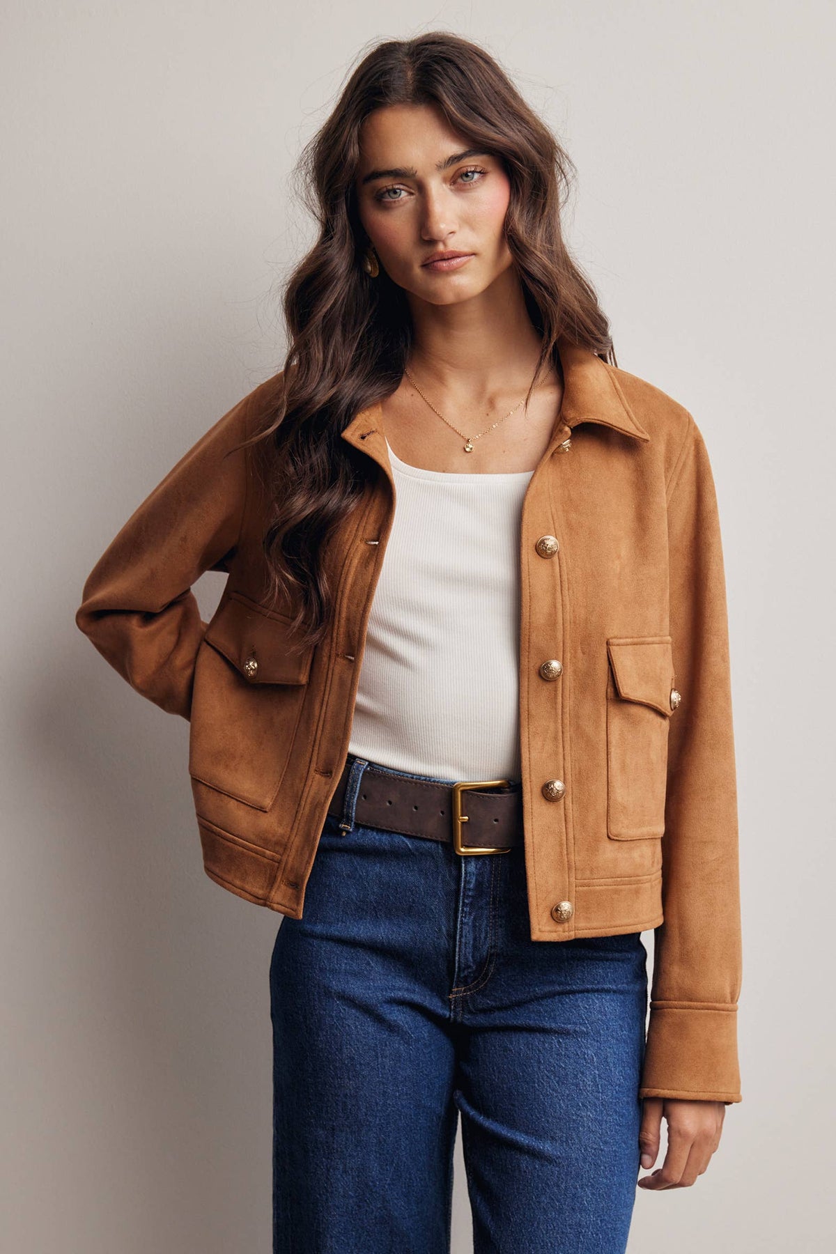 Sierra Stretch Suede Cropped Jacket: Camel