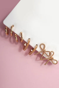 Gold Huggie & Bow Stud Earring Trio – Textured Hoop Set with Titanium Posts