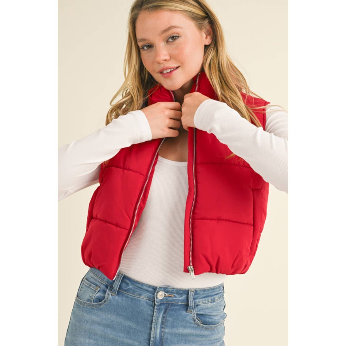 Tessa Puffer Cropped Vest: Deep Red