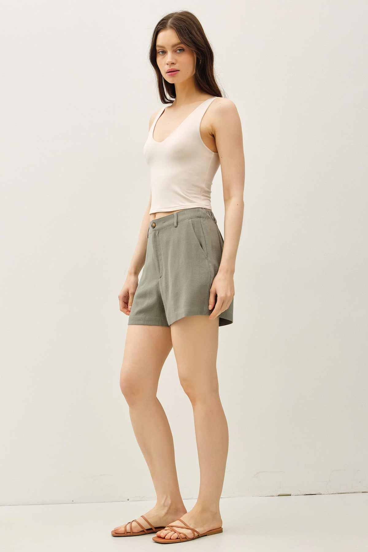The Ava Linen Shorts – High Rise Button Front Summer Shorts with Pockets