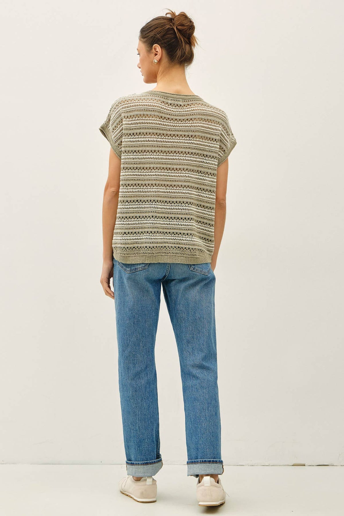 The Alessia Striped Crochet Sweater Top: Sage  – Oversized Boat Neck Spring Knit