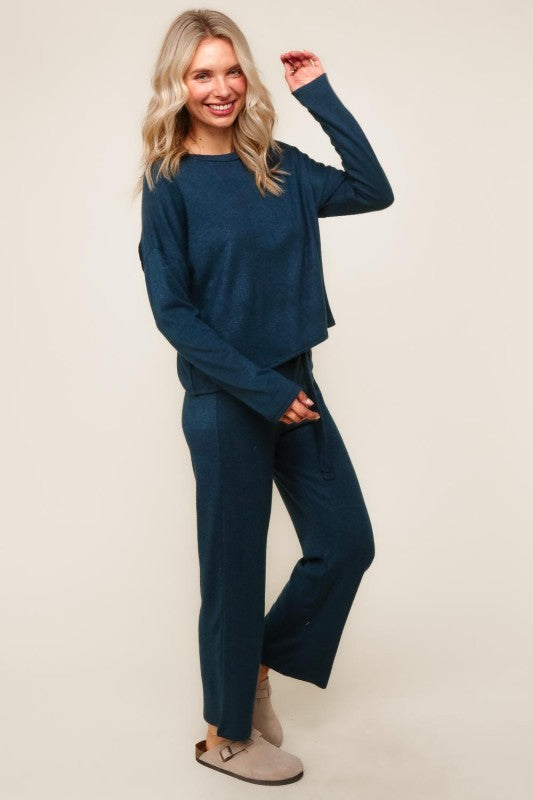 Evergreen Cozy Hacci Lounge Set – Soft Knit Top & Straight-Leg Pant Duo | Northern Belle Boutique