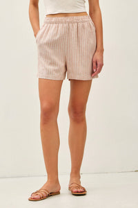 The Rory Striped Linen Blend Shorts: Hazelnut – Lightweight Elastic Waist Summer Shorts
