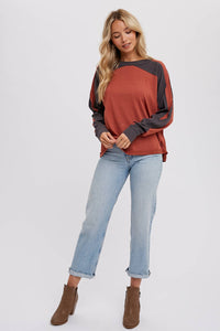 Sutton Contrast Sleeve Oversized Long Sleeve Top – Chestnut & Olive