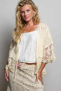 1/2 Sleeve Lace Ruffle Trim Opening Solid Crochet Cardigan: NATURAL / Os