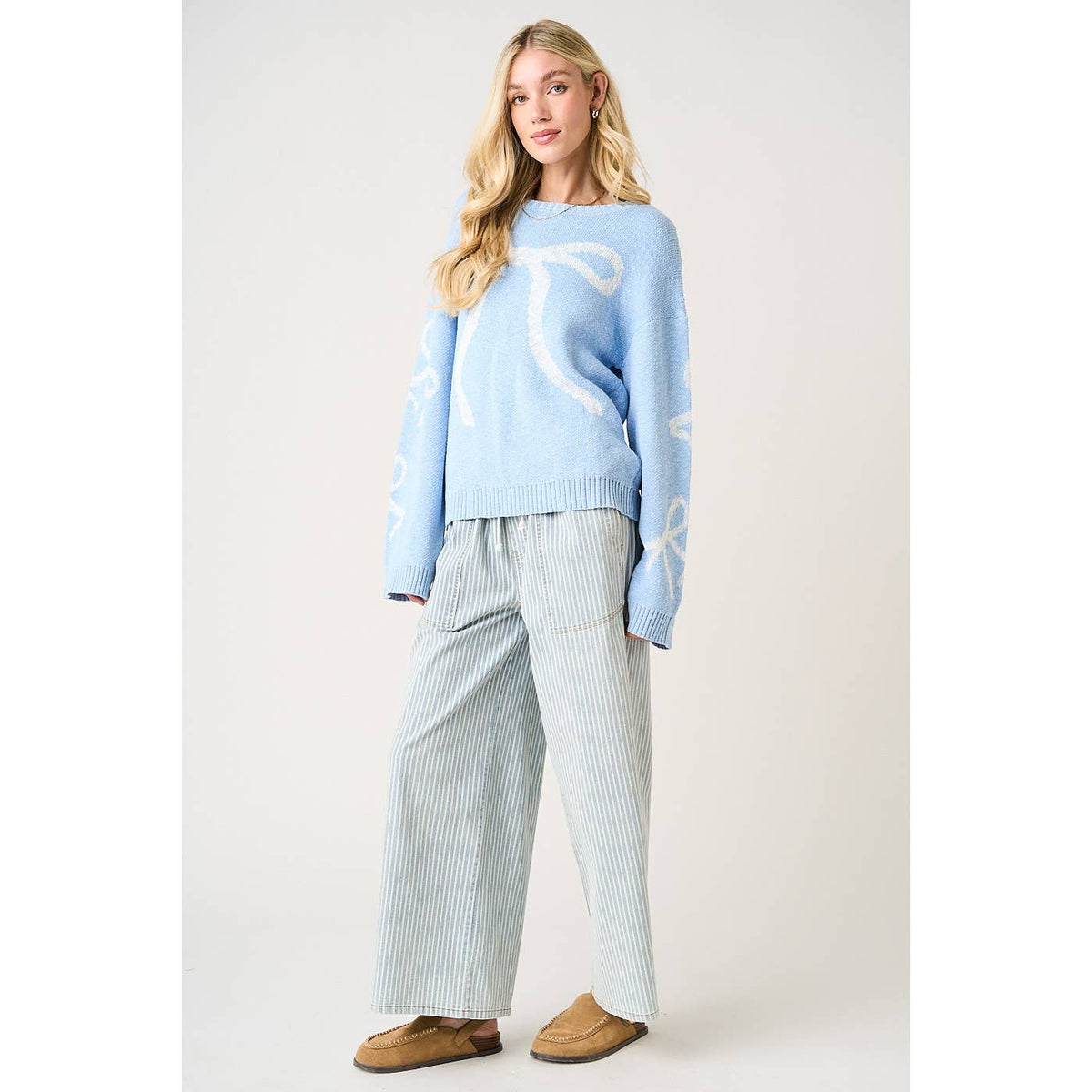 Maribel Striped Wide Leg Pants – Women’s Lightweight Drawstring Waist Casual Denim Pants