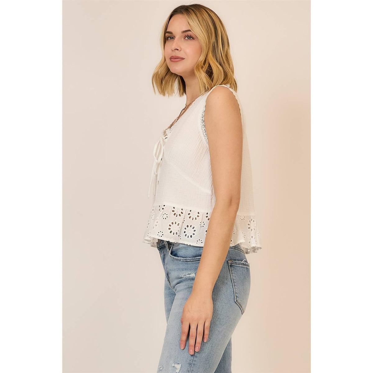 Ivory Eyelet Peplum Tie Front Top: Off White
