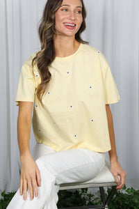 The Daisy Floral Embroidered Cotton Tee: Yellow – Crew Neck Drop Shoulder Casual Top