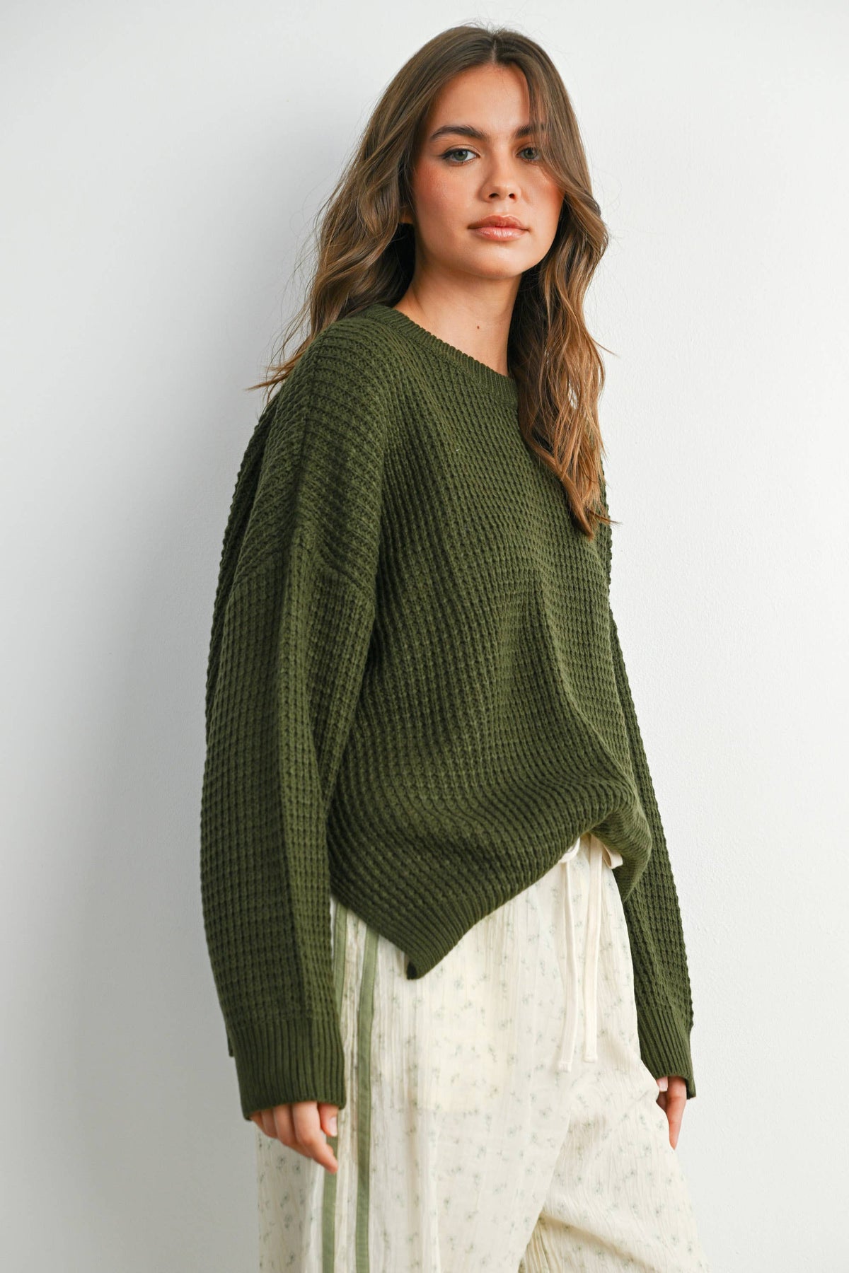Everyday Essential Waffle Knit Sweater: Olive