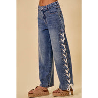 The Lacey Mid Rise Lace-Up Straight Leg Jeans: Medium Wash