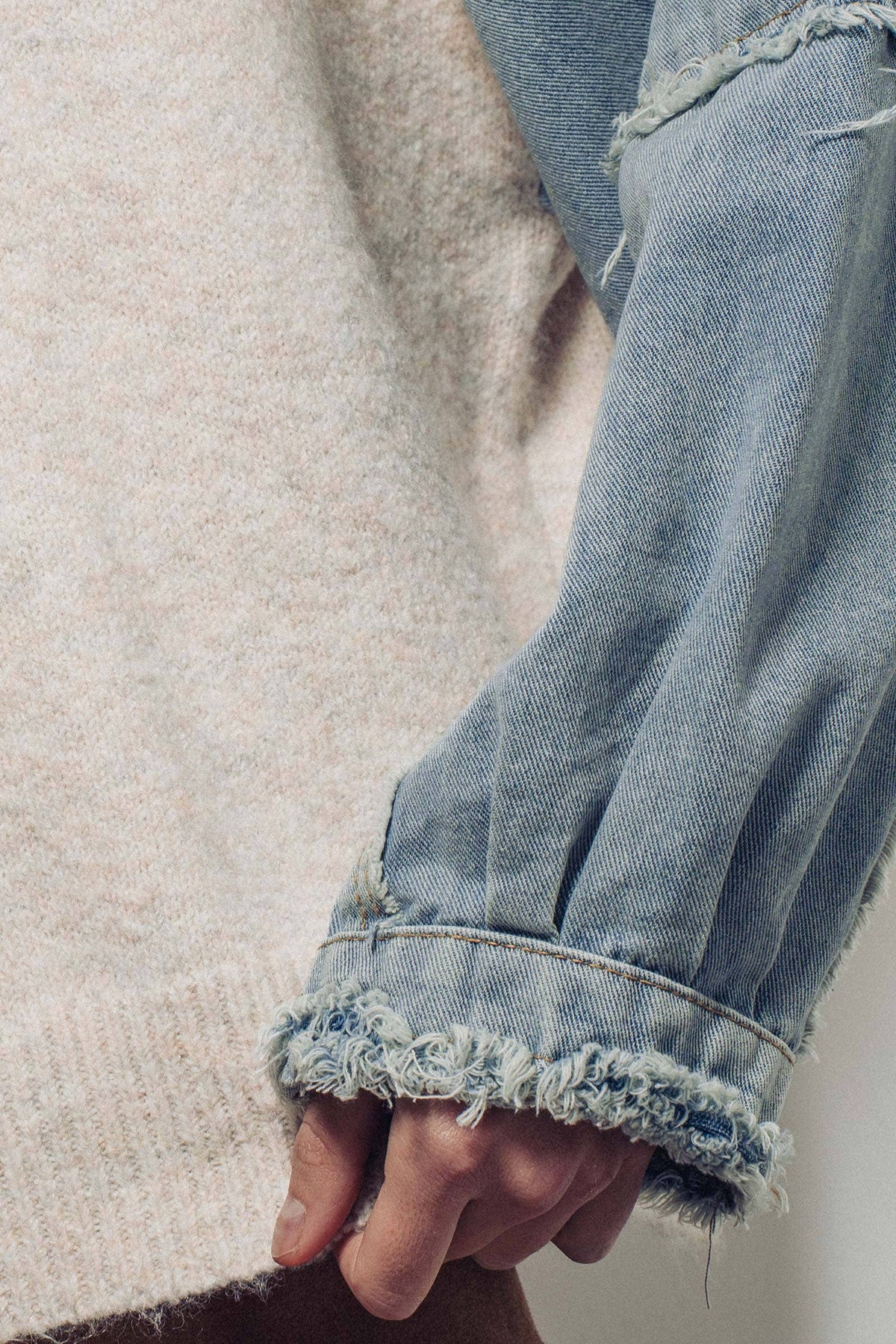 Snowfall Patchwork Hoodie – Mixed-Media Knit & Denim Sleeve Pullover | Northern Belle Boutique