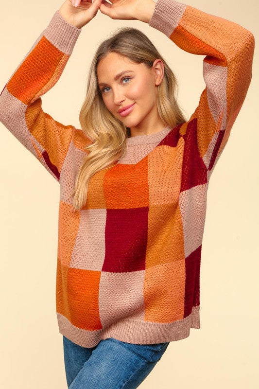 Autumn Vines Cozy Checkered Pullover Sweater: Taupe/ Burnt Orange/ Wine