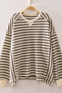 The Parker Striped Waffle Knit Pullover: Gray/ Cream