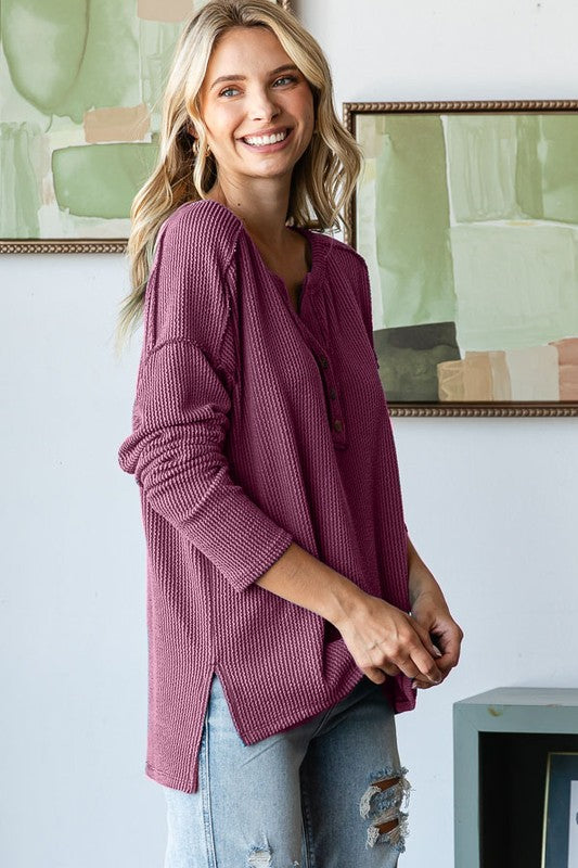 Reba Ribbed Henley Top: Marsala