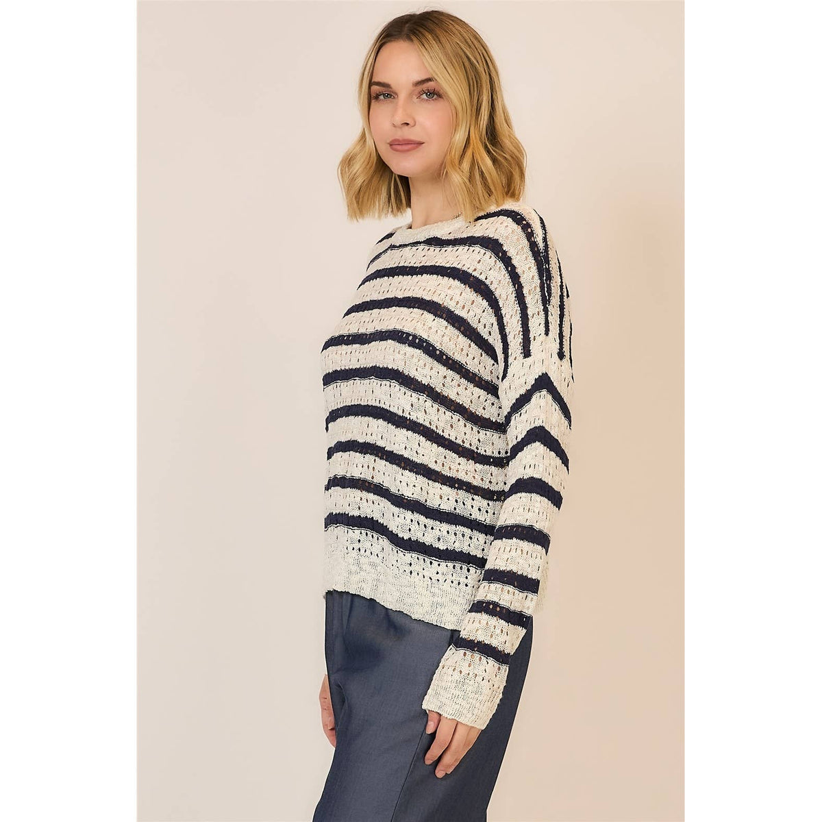 Classic Stripe Open Knit Sweater: Off White/Navy