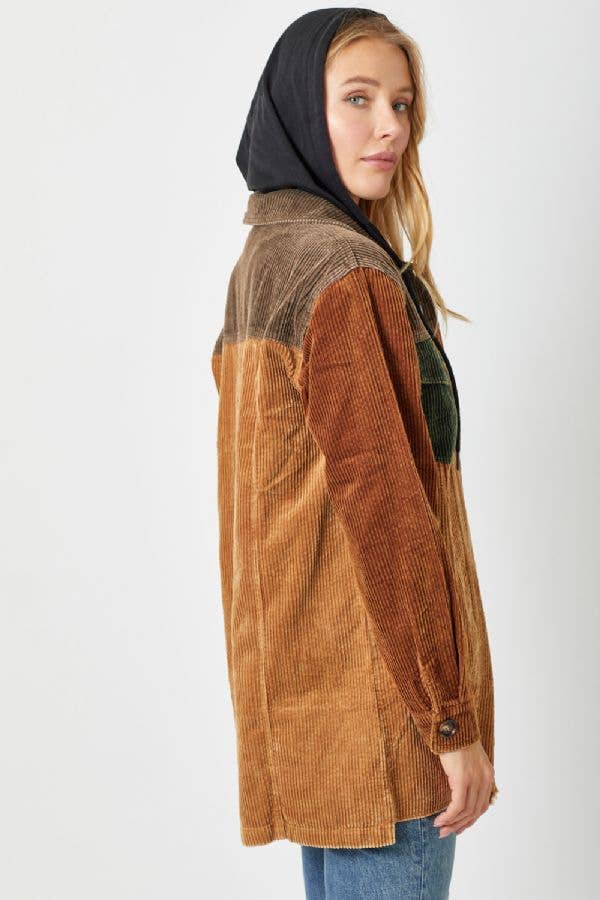 Sadie Color Block Corduroy Hoodie Shacket – Washed Button Down Hi-Low Hem