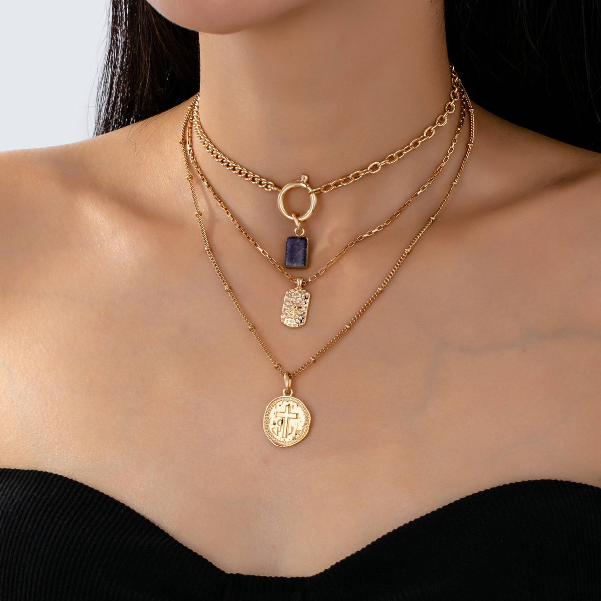 Gold Multi Layer Celestial Cross Necklace – Blue Geometric Stone Charm Necklace
