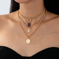 Gold Multi Layer Celestial Cross Necklace – Blue Geometric Stone Charm Necklace