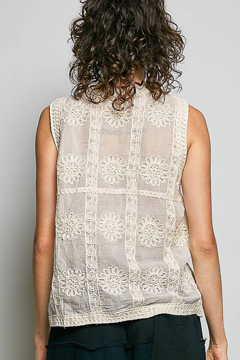 The Rowan Crochet Vest Top – V Neck Button Front Sleeveless Knit Layering Vest