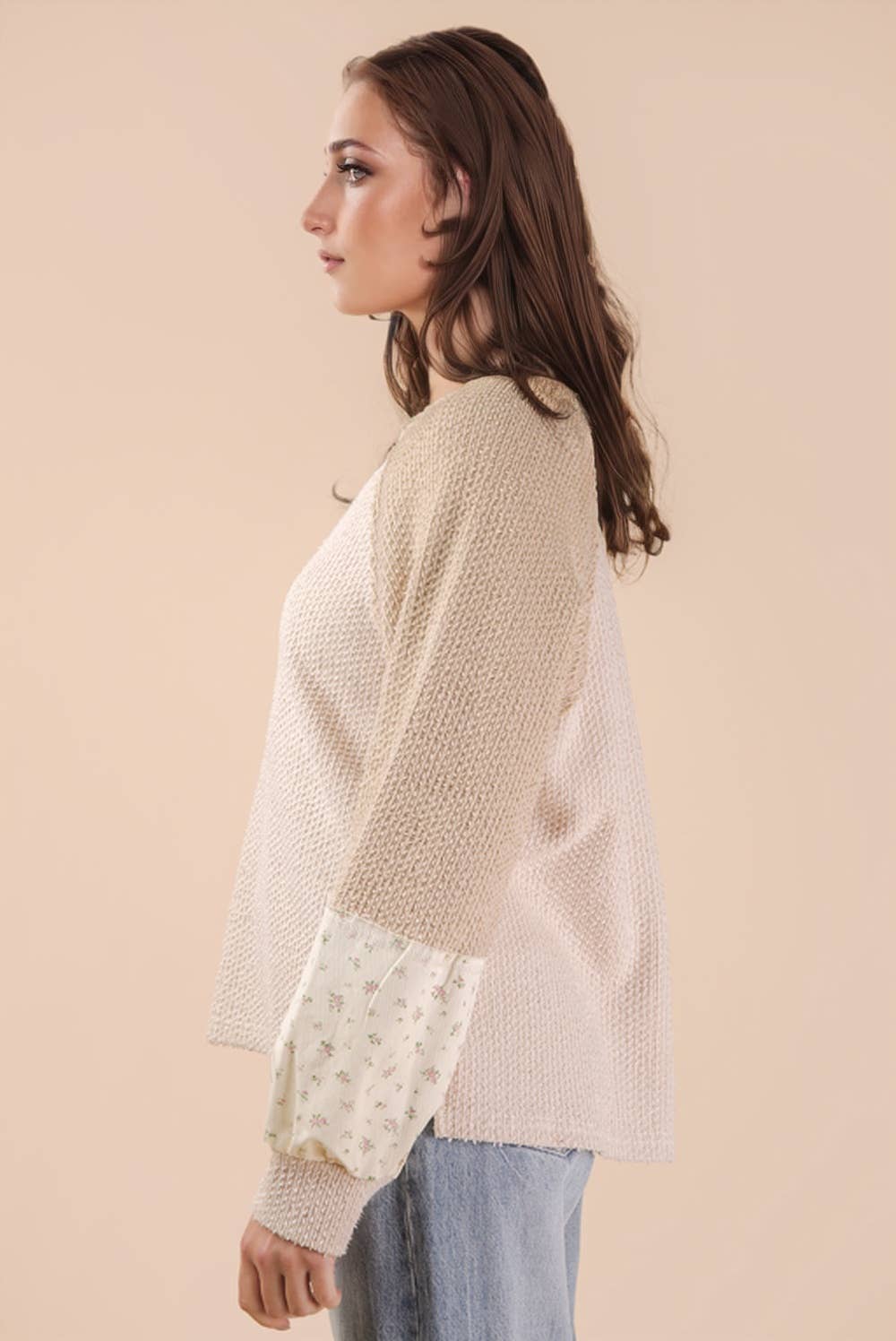 Linden Floral Contrast Knit Top: Cream/Oatmeal
