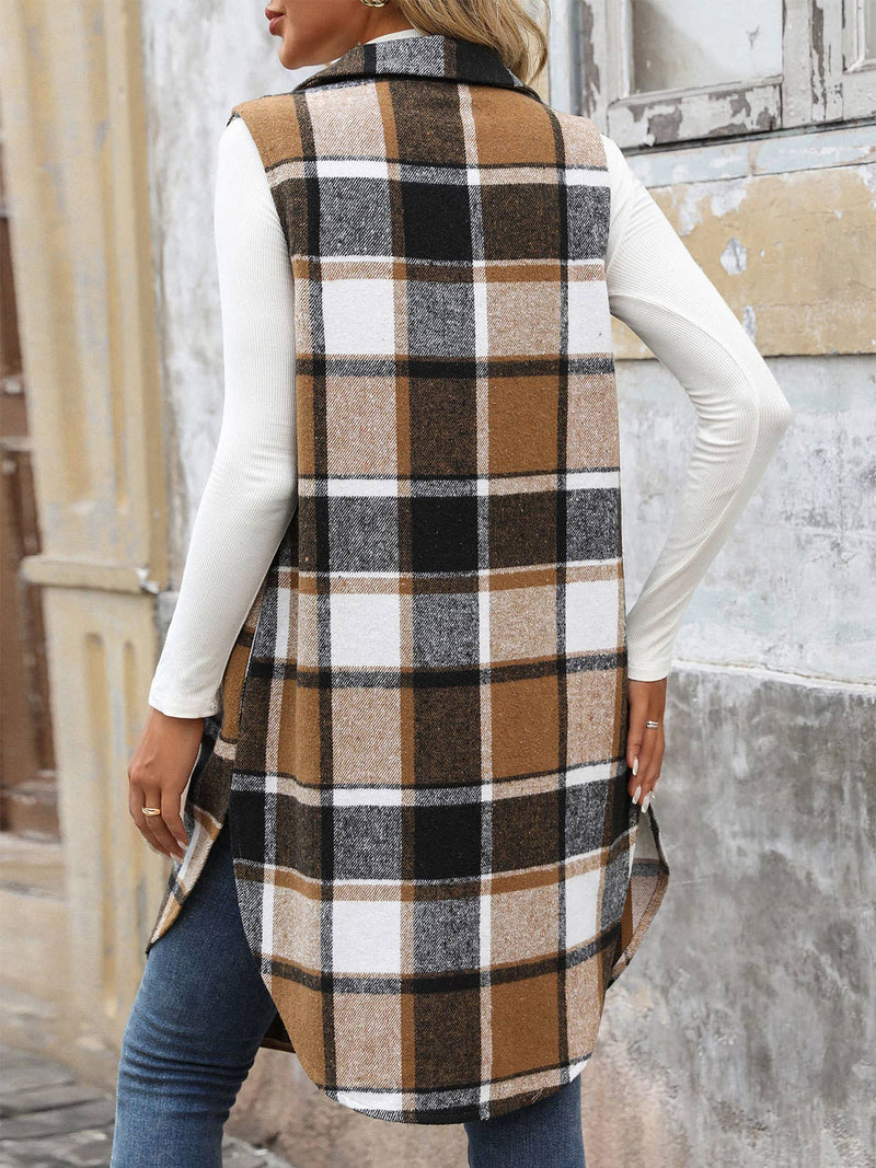 The Emery Sleeveless Plaid Longline Vest – Tan & Black Fall Layer