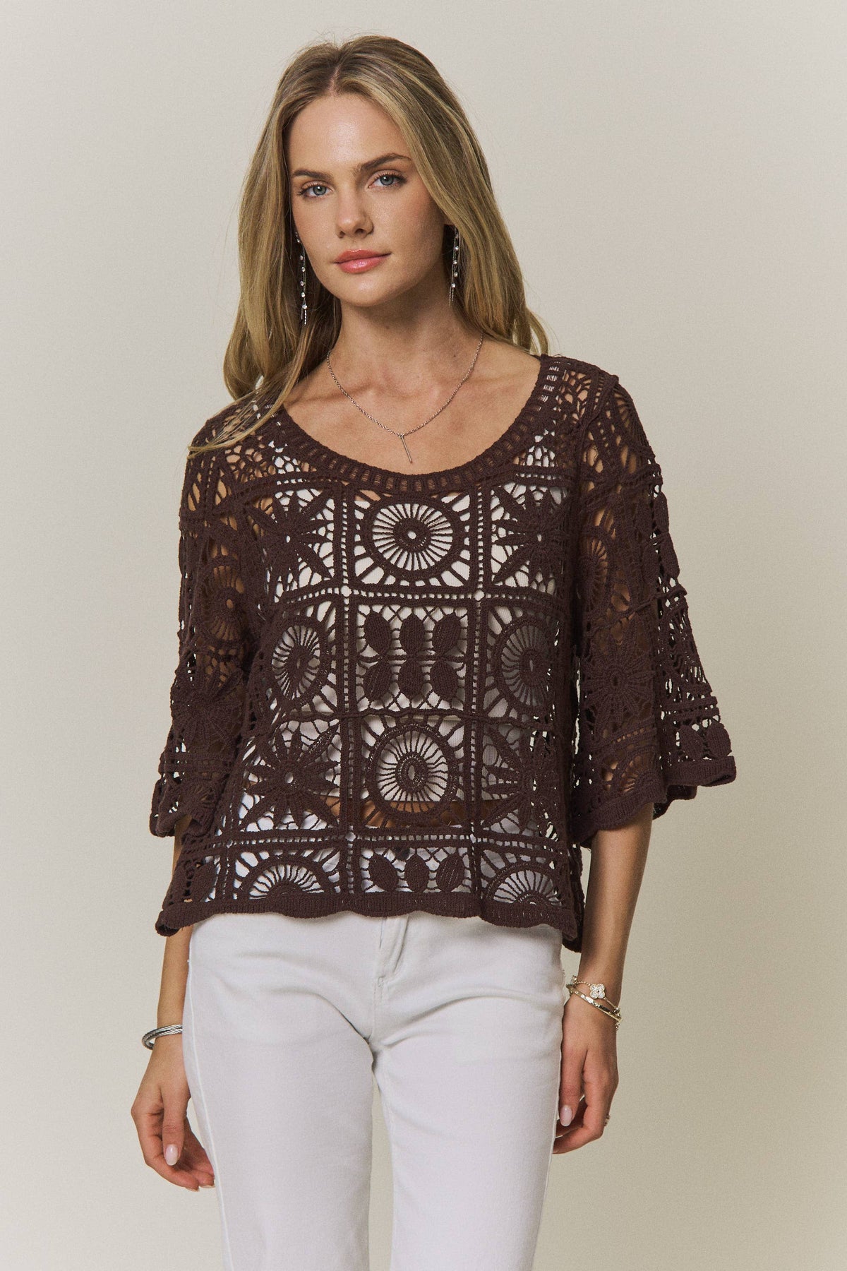 Bristol Crochet Boxy Knit Top: Chocolate Brown