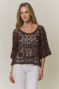 Bristol Crochet Boxy Knit Top: Chocolate Brown