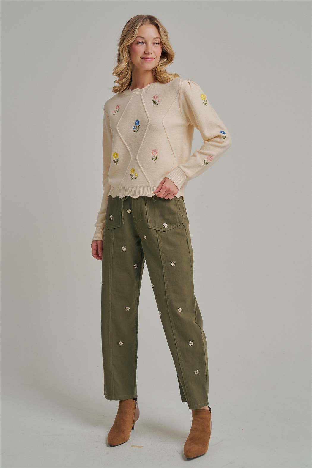 Picked for You Floral Barrel Pants: Olive