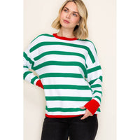Staccato Holly Jolly Stripe Sweater – Green & White Christmas Pullover with Red Trim | Northern Belle Boutique