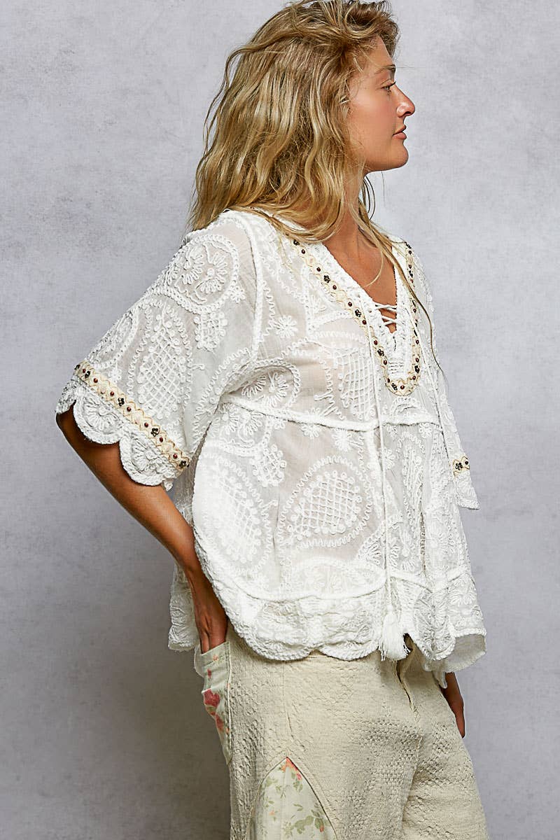 Meadow Song Embroidered Blouse: Off White