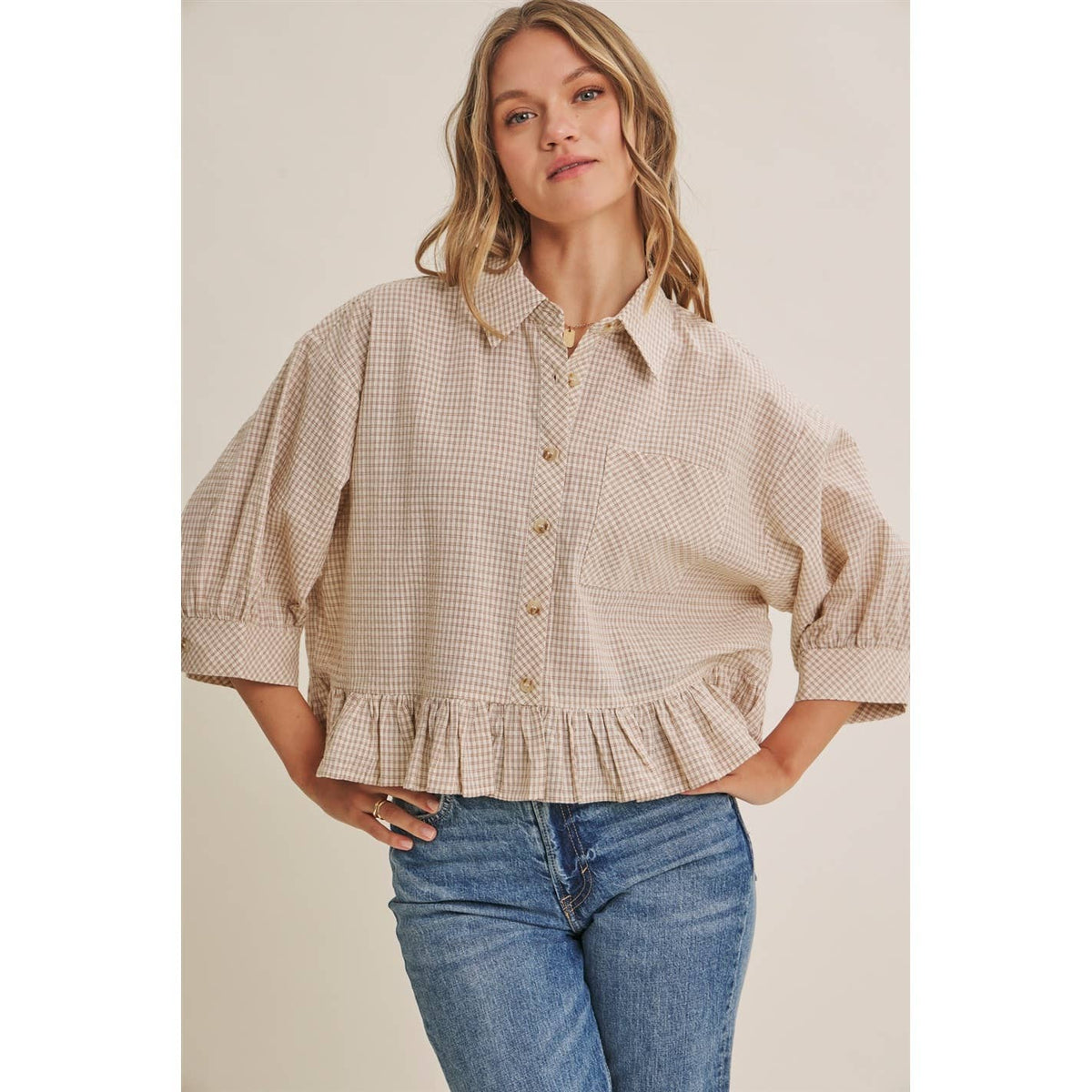 MORNING OAT MICRO CHECK RUFFLE HEM BUTTON-DOWN SHIRT: VANILLA / S