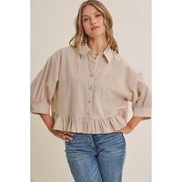 MORNING OAT MICRO CHECK RUFFLE HEM BUTTON-DOWN SHIRT: VANILLA / S