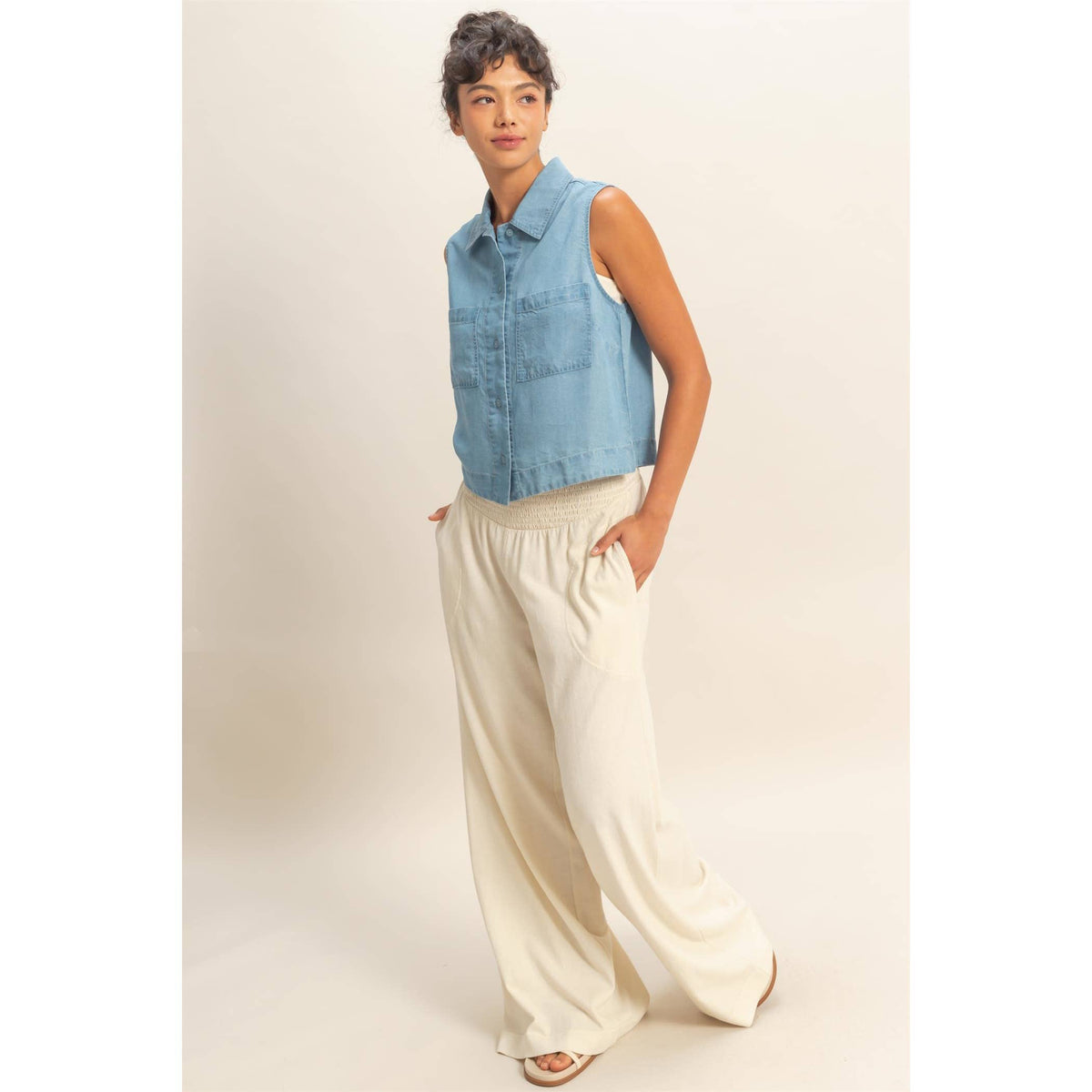 The Sienna Lyocell Sleeveless Button Up Top – Collared Lightweight Summer Blouse